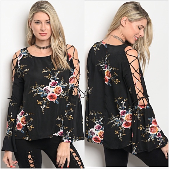 ‼️SALE Floral Lace Up Bell Sleeve Blouse Top S - Picture 3 of 6
